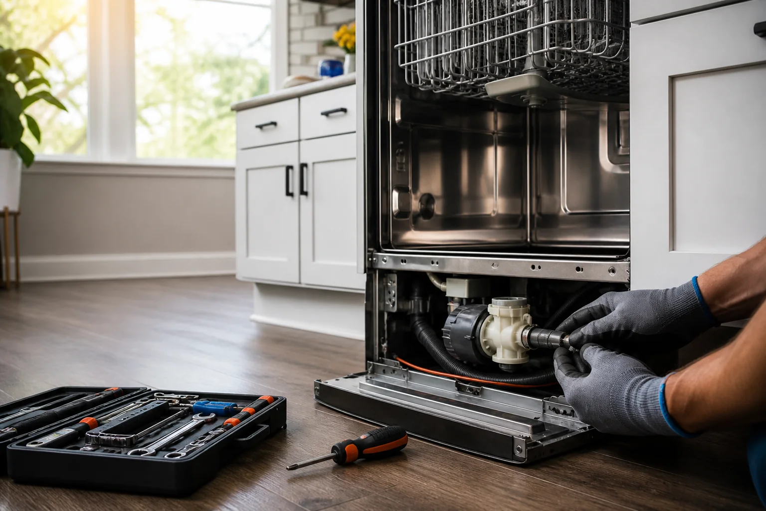 Built-in dishwasher pump area being professionally inspected