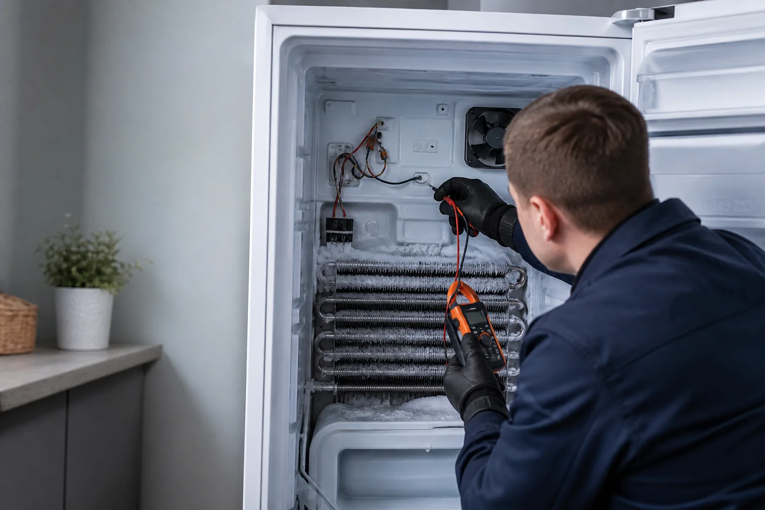 Upright freezer evaporator and sensors being professionally tested
