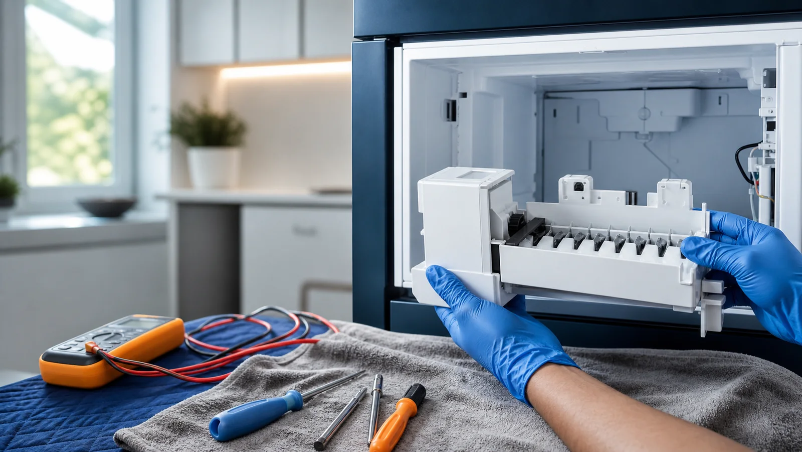 Refrigerator ice-maker module being inspected with diagnostic tools
