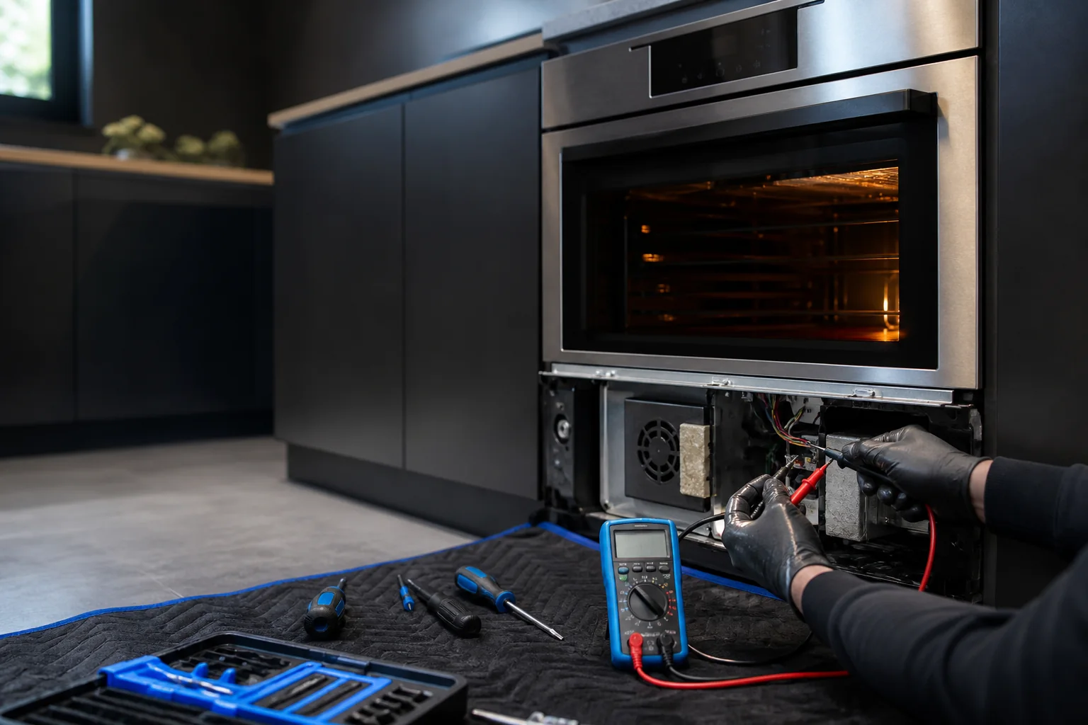 Built-in oven electrical components being tested with a professional meter
