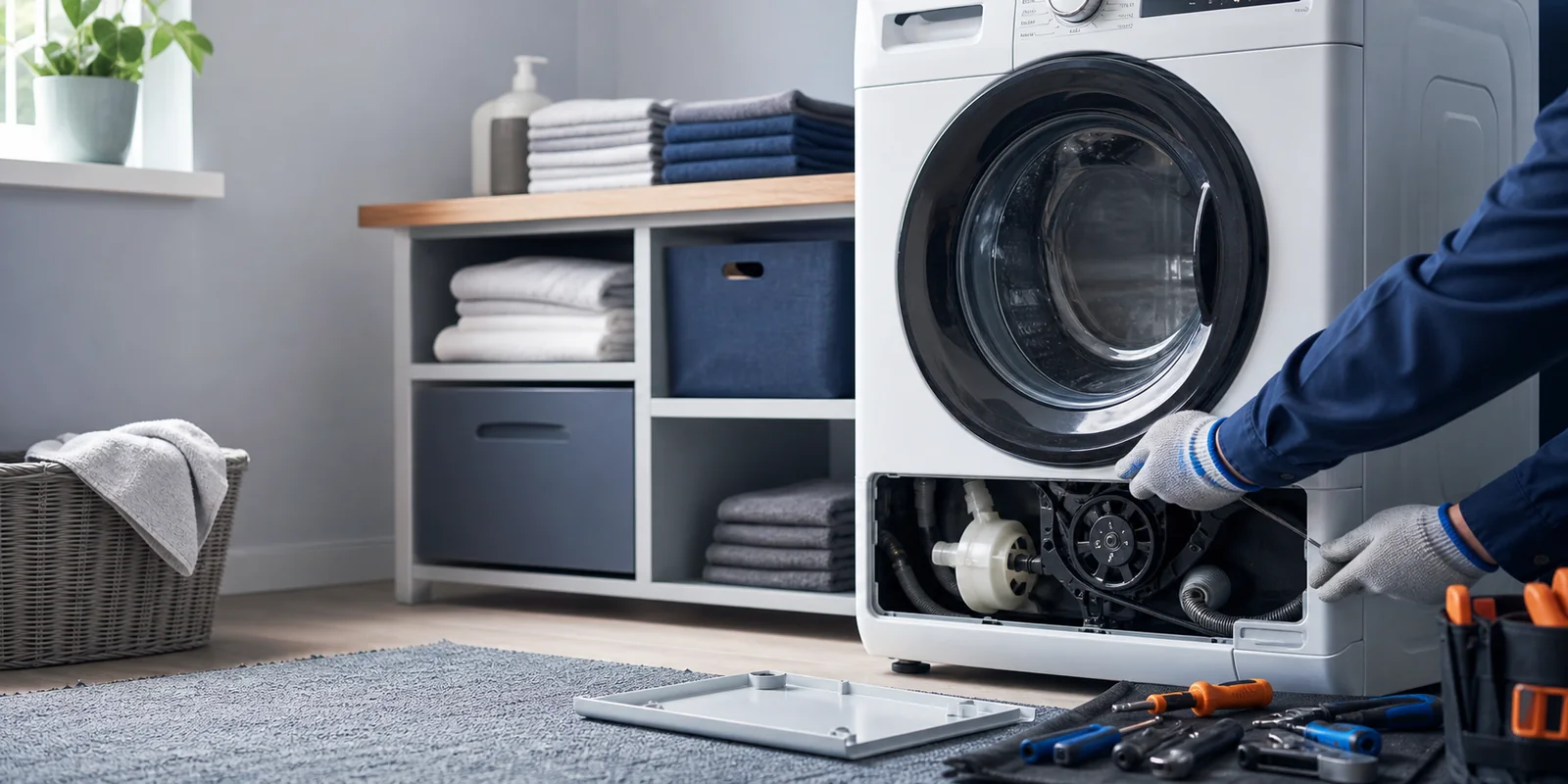 Front-load washer with lower service panel open for professional inspection